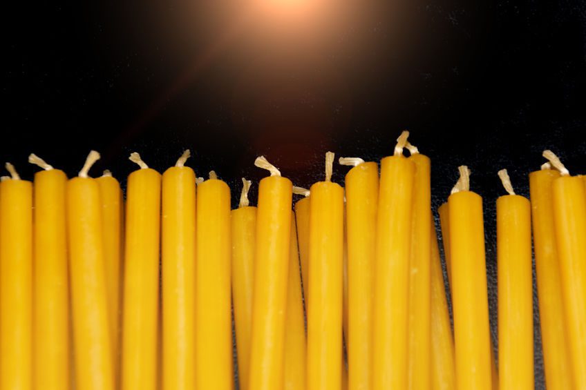 Many natural thin yellow wax candles