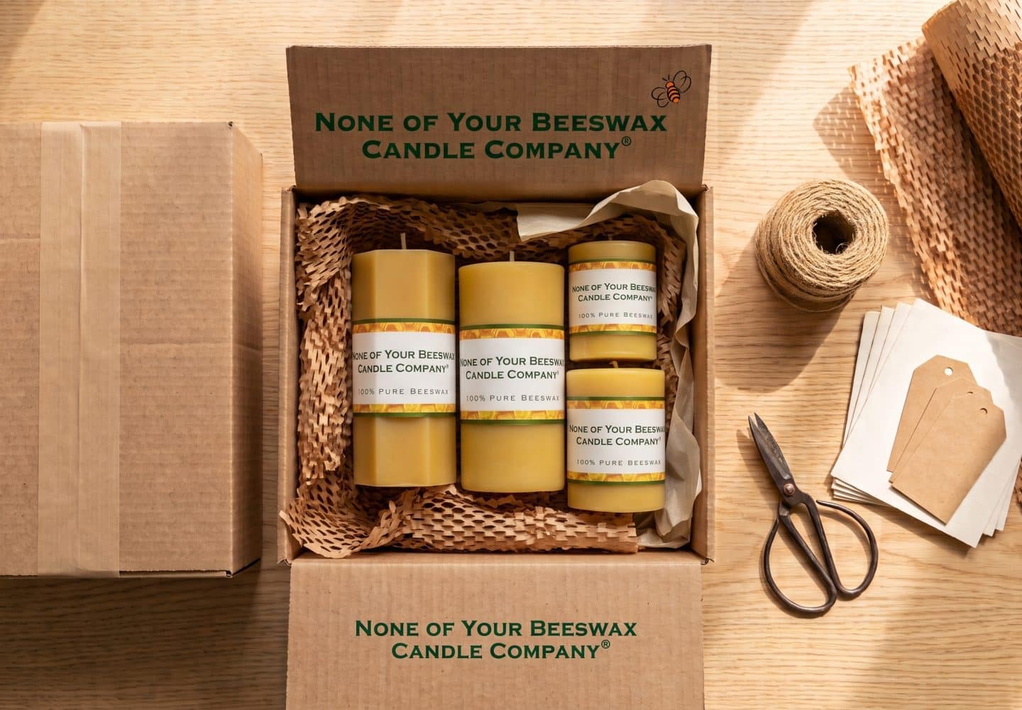 Handcrafted parcel ready for shipping and delivery at None of Your Beeswax Candle Company