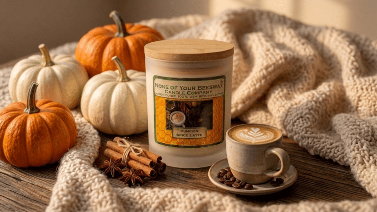 Handcrafted Pumpkin Spice Latte beeswax candle in frosted glass jar with wooden lid displayed beside fall pumpkins and latte