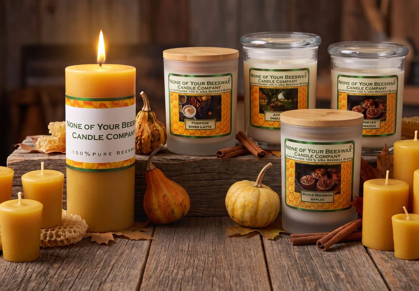 Halloween beeswax candles handcrafted with pillars, votives, and fall container jars by None of Your Beeswax Candle Company