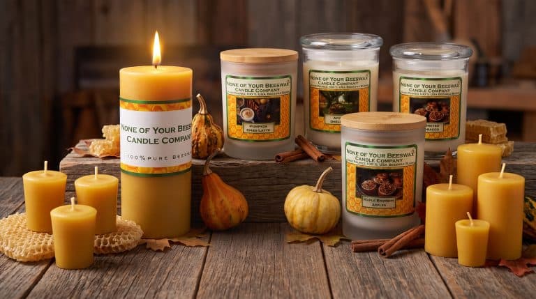 Halloween beeswax candles handcrafted with pillars, votives, and fall container jars by None of Your Beeswax Candle Company